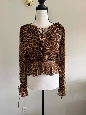 Jessica Simpson Brown Leopard Ruffle Peplum Blouse